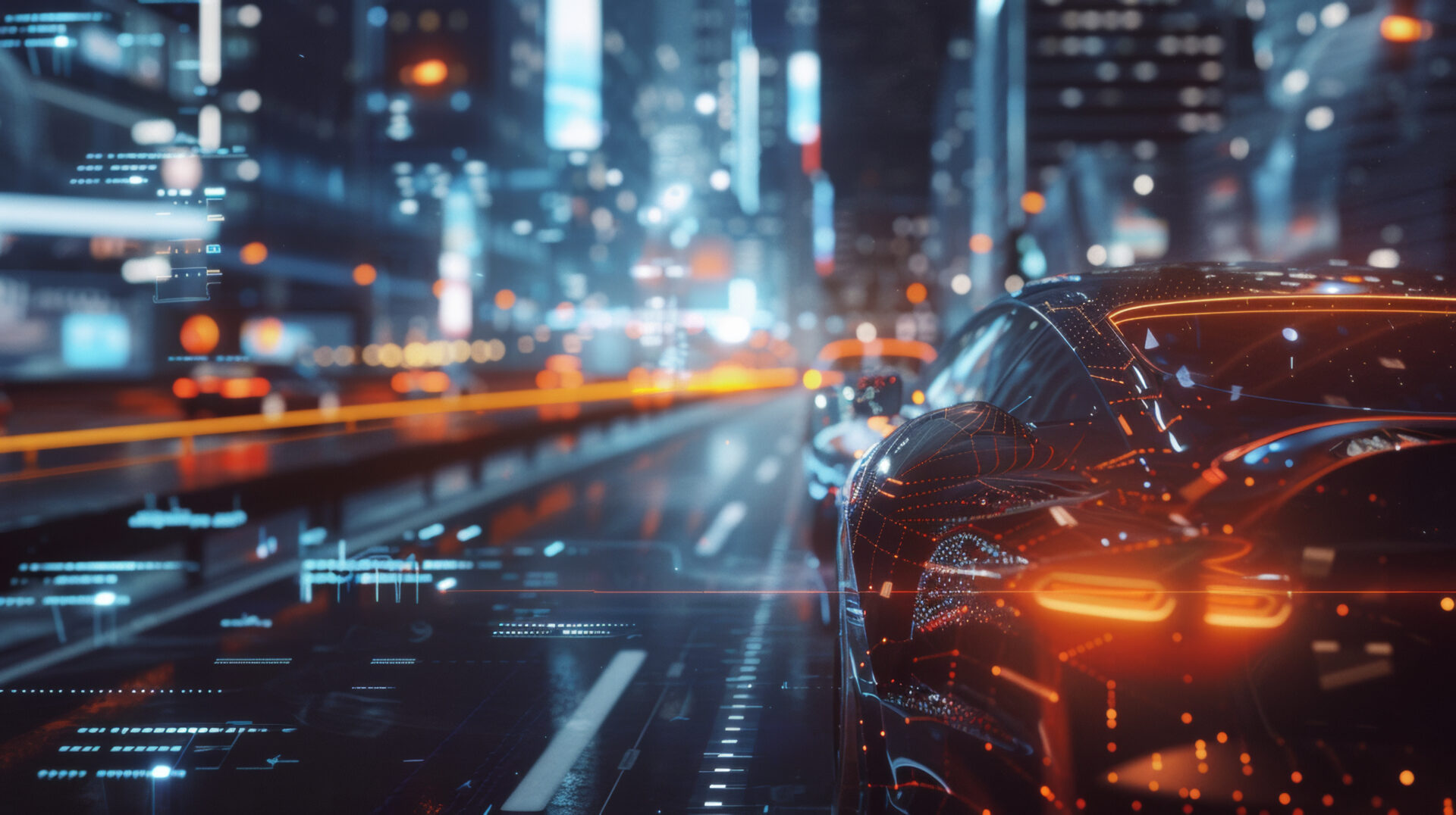 Futuristic cityscape pulses with life, cars rendered as light streaks under the cyber-night.