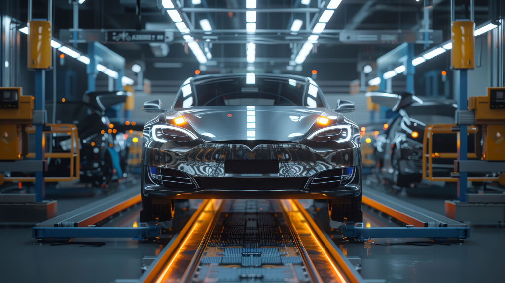 Vehicle on an automated assembly line in a high-tech factory, representing innovation in automotive manufacturing and advanced production technology