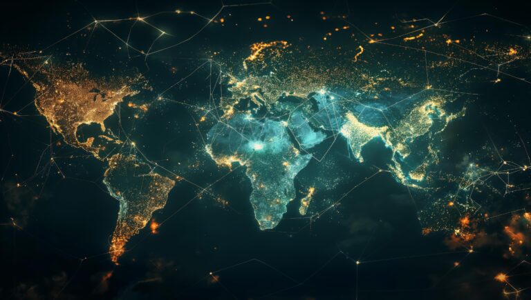 A world map showcasing glowing connections between major cities, highlighting global connectivity and networks. The image illustrates the vibrant activity and interlinked nature